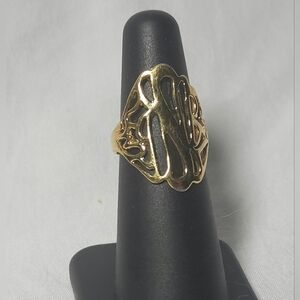 Gold Tone Monogram Style Filegree Ring 6.5